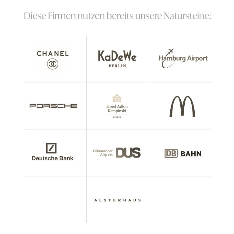 Lade das Bild in den Galerie-Viewer, Logos von Unternehmen, die MAGNA Atelier Natursteine nutzen, darunter Chanel, KaDeWe Berlin, Hamburg Airport, Porsche, Deutsche Bank und DB Bahn.
